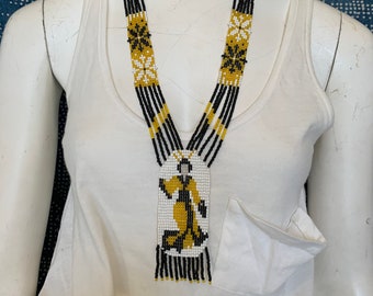 Vintage Chinoiserie Asian Kimono Black, Gold & White Beaded Necklace