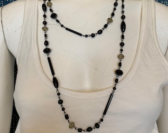 Gorgeous Antique Black Jet Bead and Smokey Crystal Long Necklace