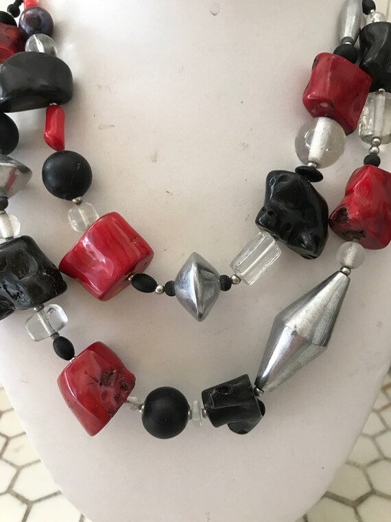 Modernist Coral Black & Red Silver Double Strand … - image 2