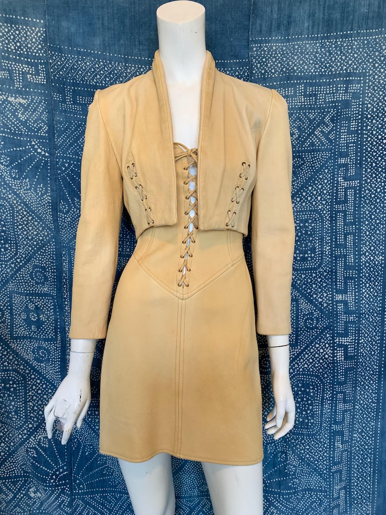 Famous Beverly Hills Trashy Lingerie Custom Made One-of-a-kind Two-Piece 1980s Leather Dress & Jacket Set image 3