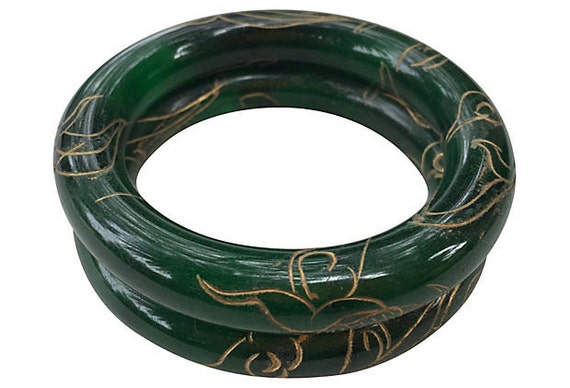 Stunning Carved Gold Jade Bangles, Pair - image 2