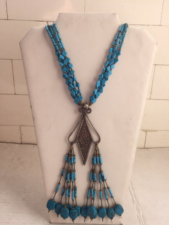Turquoise & Silver Boho Fringe Coachella Necklace