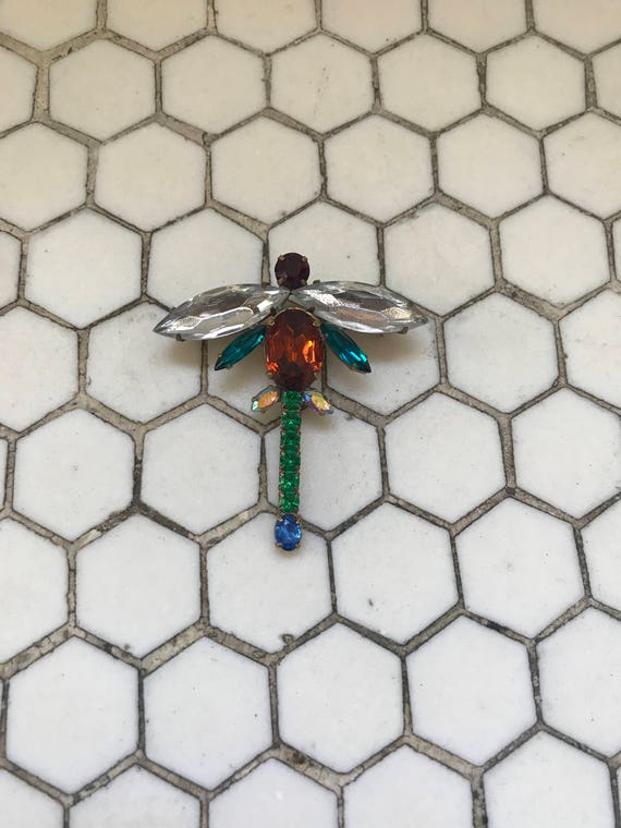 Colorful Glass Dragonfly Vintage Brooch