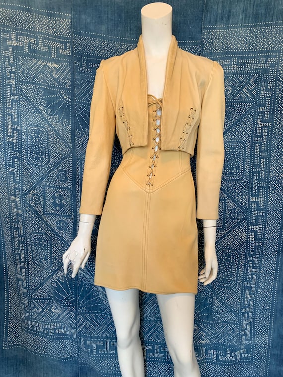 Famous Beverly Hills Trashy Lingerie Custom Made One-of-a-kind Two-Piece 1980s Leather Dress & Jacket Set