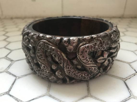 Bone & Silver Dragon Snake Dragon Bangle Bracelet