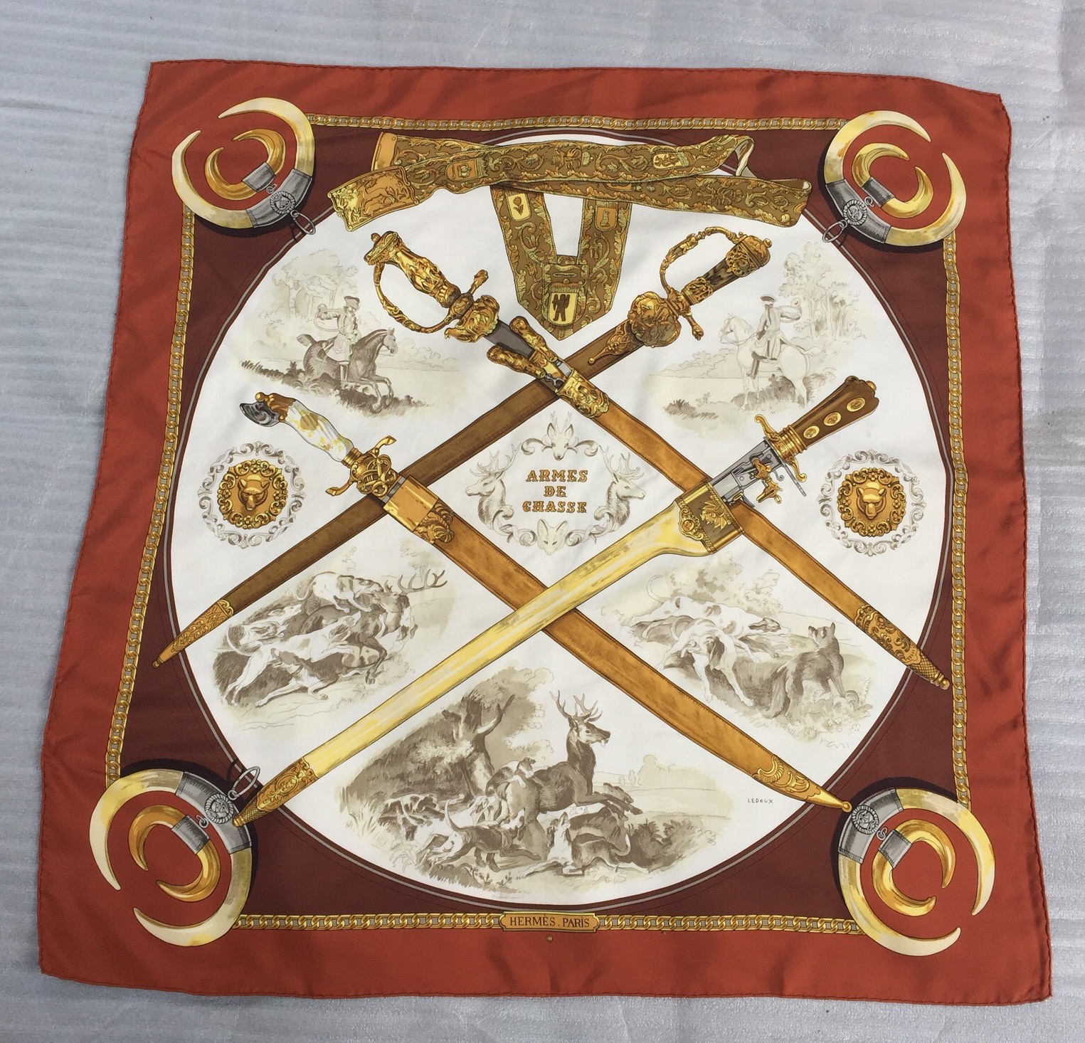 Vintage Armes De Chasse Hermes Ledoux Silk Scarf Large 35