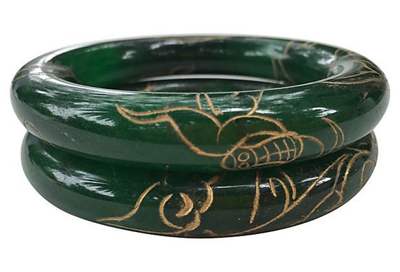 Stunning Carved Gold Jade Bangles, Pair - image 3
