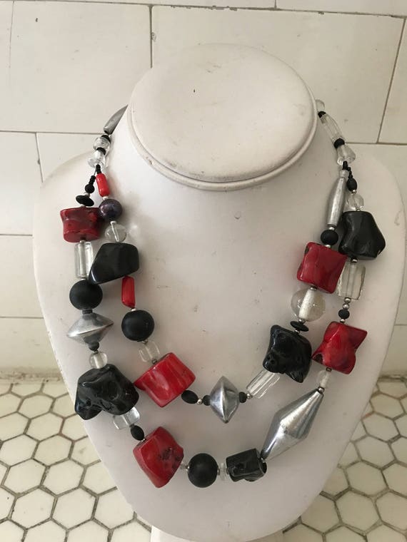 Modernist Coral Black & Red Silver Double Strand … - image 1