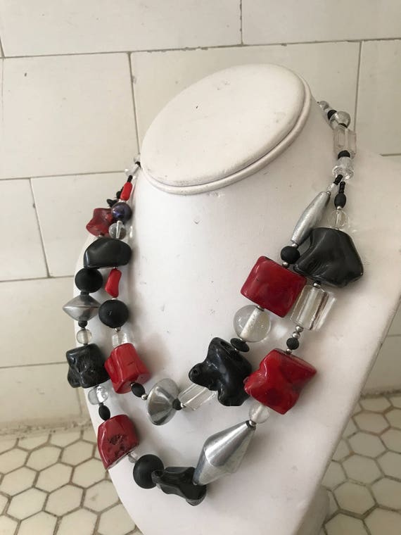 Modernist Coral Black & Red Silver Double Strand … - image 3