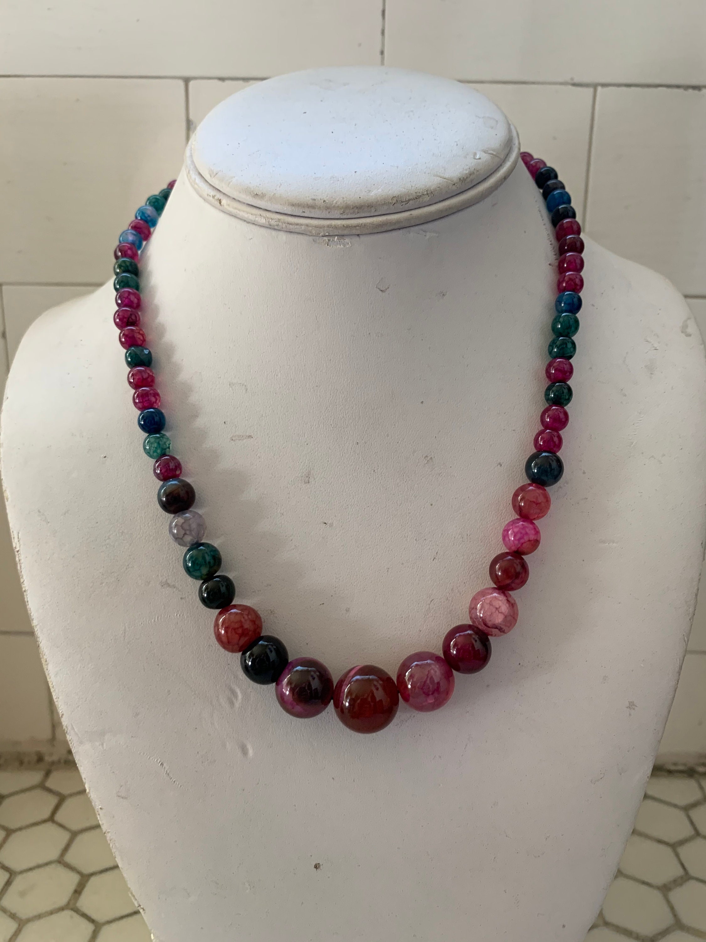Garnet and Jade Graduated Bead Necklace Rose Quartz