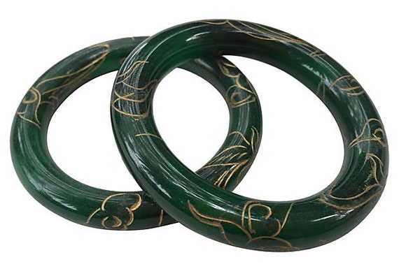 Stunning Carved Gold Jade Bangles, Pair - image 1