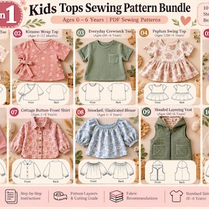以下が含まれることがあります： 子供用トップス縫製パターン10種セット。ラップショルダーTシャツ、着物風ラップトップ、クルーネックTシャツ、ペプラムスウィングトップ、フリルスリーブチュニック、ラグランスウェット、ボタンフロントシャツ、ブラウス、ベスト、ヘンリーニットプルオーバーの10デザインが含まれています。