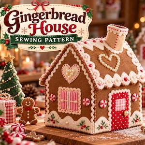 May include: A fabric gingerbread house sewing pattern featuring a brown house with white icing trim, pearl accents, a red polka dot door, and a chimney. The house is decorated with heart shapes and candy motifs. The text reads Gingerbread House SEWING PATTERN.