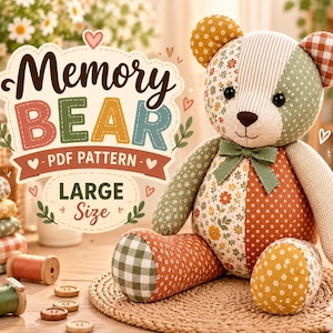 May include: A patchwork teddy bear made from various fabrics with floral, gingham, and striped patterns in shades of green, orange, and white. The bear features a dark nose, black eyes, and a green ribbon bow. Text reads Memory Bear PDF Pattern Large Size.