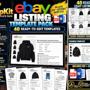 May include: The FlipKit eBay listing template pack includes 40 ready-to-edit templates in PDF and Word formats. The display features a laptop screen showing an eBay product page for a black hoodie, alongside various document previews and checklists.