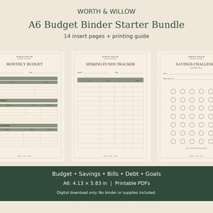 Op de afbeelding: A6 budgetmap starterspakket met 14 printbare pagina's en een printgids. Bevat sjablonen voor maandbudget, sinking funds tracker en spaarchallenge in een formaat van 10,5 x 14,8 cm in de kleuren crème en donkergroen.