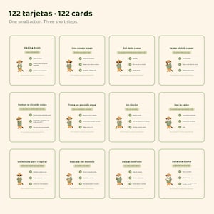May include: A set of 122 cards featuring a meerkat illustration on each. The cards contain Spanish text with step-by-step instructions for daily tasks. The design uses a light cream background with dark green borders and text.