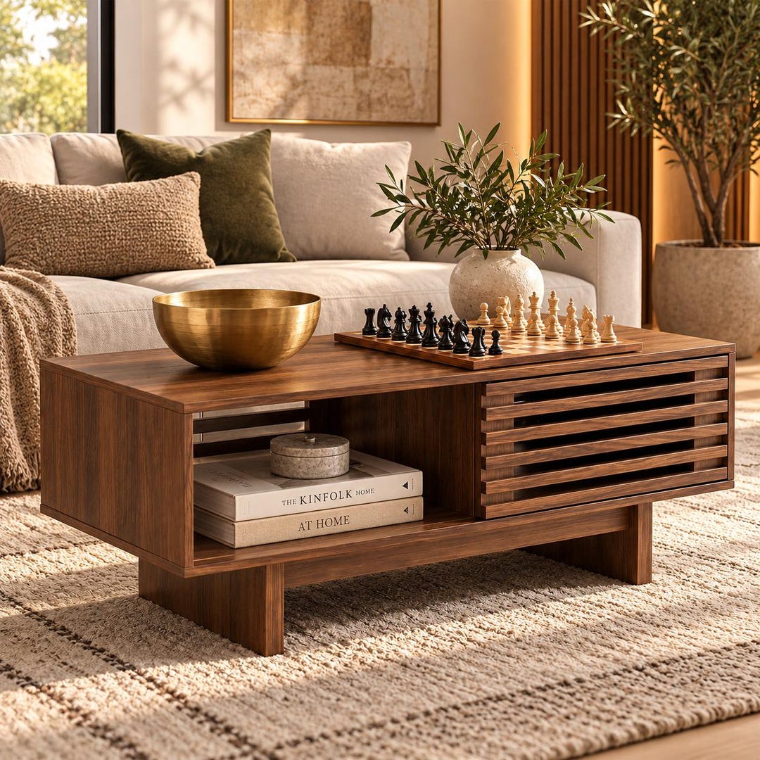 Modern Walnut Coffee Table With Storage | Mid-century Slatted Living ...