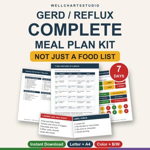 May include: A GERD and reflux complete meal plan kit featuring a 7-day meal plan, grocery list, and label check cards. The documents include text such as WELLCHARTSSTUDIO, 7 DAYS, AVOID, and LABEL CHECK, presented in a clean, organised layout.