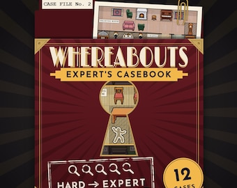 May include: A maroon game box titled Whereabouts Expert's Casebook with a keyhole cutout revealing a floor plan. The cover features a paper document labeled Case File No. 2, a magnifying glass icon row, and a yellow circle indicating 12 cases.