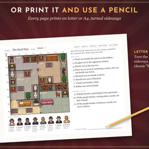 May include: A logic puzzle game sheet titled The Hard Way featuring a grid-based floor plan of a house with various rooms, furniture, and character icons. The page includes eleven numbered clues and a yellow pencil resting on the bottom right corner.