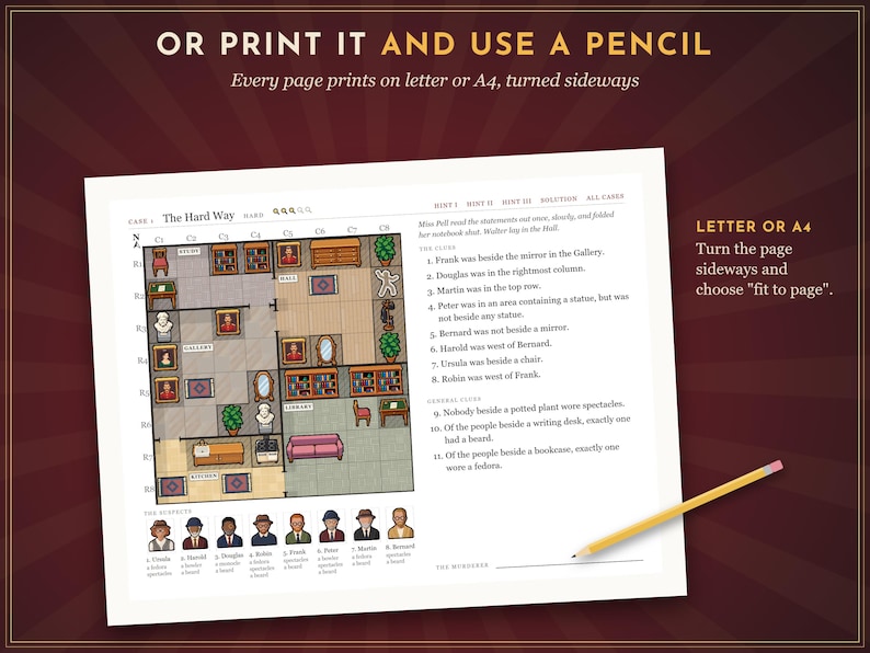 May include: A logic puzzle game sheet titled The Hard Way featuring a grid-based floor plan of a house with various rooms, furniture, and character icons. The page includes eleven numbered clues and a yellow pencil resting on the bottom right corner.