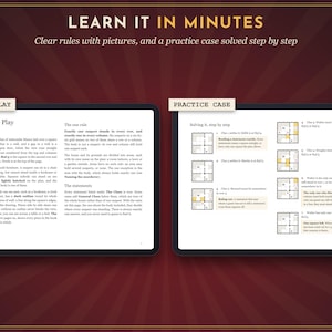 May include: Two digital tablet screens displaying game instructions. The left screen titled How to Play explains the rules of a logic puzzle. The right screen titled Practice Case shows a step-by-step solution with grid diagrams and text.