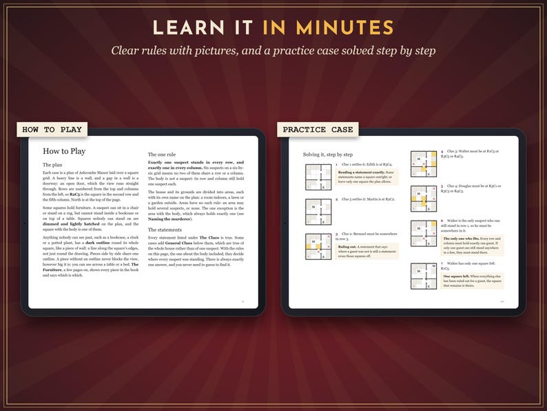 May include: Two digital tablet screens displaying game instructions. The left screen titled How to Play explains the rules of a logic puzzle. The right screen titled Practice Case shows a step-by-step solution with grid diagrams and text.
