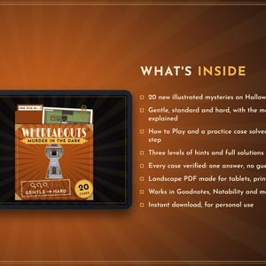 May include: A digital game file titled Whereabouts Murder in the Dark featuring 20 illustrated mysteries. The screen displays a brown folder icon with a keyhole graphic and the text 20 CASES. A list details contents including 20 mysteries, hint levels, solutions, and compatibility with tablet apps.