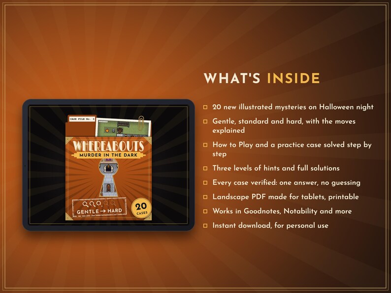 May include: A digital game file titled Whereabouts Murder in the Dark featuring 20 illustrated mysteries. The screen displays a brown folder icon with a keyhole graphic and the text 20 CASES. A list details contents including 20 mysteries, hint levels, solutions, and compatibility with tablet apps.