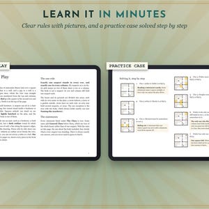 May include: Two digital tablet screens displaying game instructions titled Learn It In Minutes. The left screen shows How to Play with text about grid rules. The right screen shows a Practice Case with step-by-step grid diagrams and text.