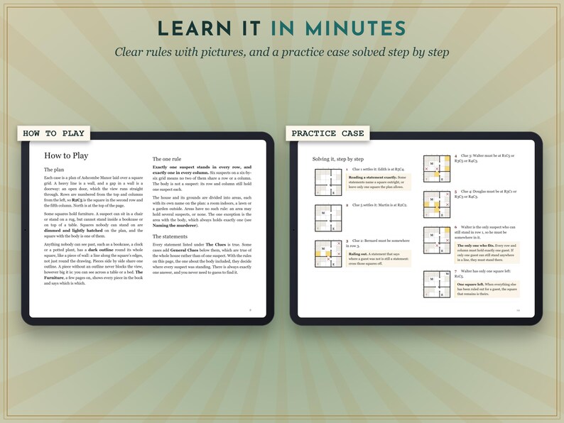 May include: Two digital tablet screens displaying game instructions titled Learn It In Minutes. The left screen shows How to Play with text about grid rules. The right screen shows a Practice Case with step-by-step grid diagrams and text.