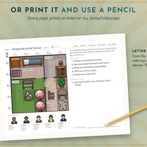 May include: A printable logic puzzle sheet titled Homework on the Terrace featuring a grid layout of a house and garden, a list of clues, suspect icons, and a yellow pencil. The text includes instructions to print on letter or A4 paper.