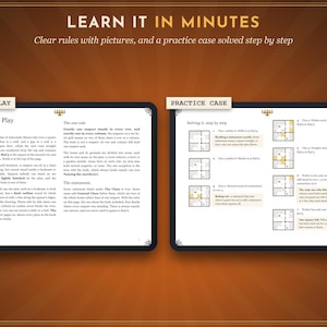 May include: Two digital tablet screens displaying game instructions titled How to Play and Practice Case. The text explains rules for a logic puzzle involving suspects on a grid, with small floor plan diagrams showing yellow highlighted squares.