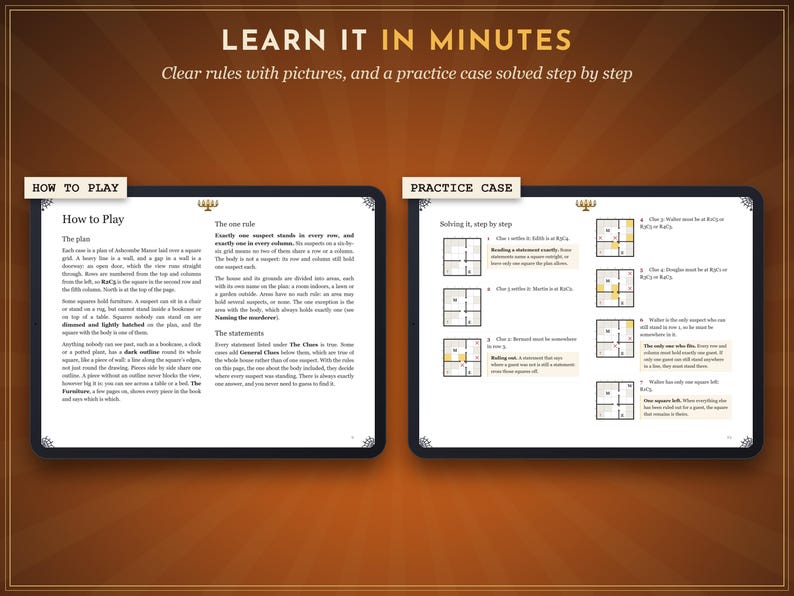 May include: Two digital tablet screens displaying game instructions titled How to Play and Practice Case. The text explains rules for a logic puzzle involving suspects on a grid, with small floor plan diagrams showing yellow highlighted squares.