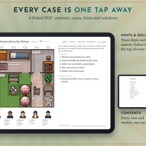 May include: A digital tablet displays a logic puzzle game titled Homework on the Terrace, featuring a grid-based floor plan, a list of clues, and five character icons. A smaller tablet screen shows a table of contents for the game cases.