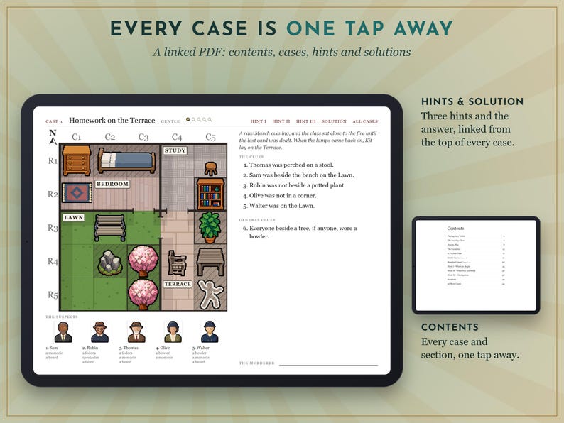 May include: A digital tablet displays a logic puzzle game titled Homework on the Terrace, featuring a grid-based floor plan, a list of clues, and five character icons. A smaller tablet screen shows a table of contents for the game cases.
