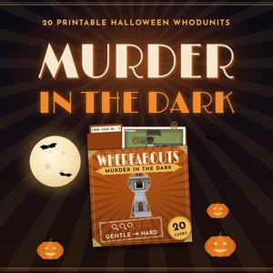 May include: A printable game set titled Murder in the Dark featuring 20 Halloween whodunits. The graphic includes a brown file folder with a keyhole cutout, a full moon with bats, and orange jack-o'-lanterns on a dark brown sunburst background.