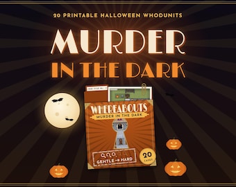 May include: A printable game set titled Murder in the Dark featuring 20 Halloween whodunits. The graphic includes a brown file folder with a keyhole cutout, a full moon with bats, and orange jack-o'-lanterns on a dark brown sunburst background.
