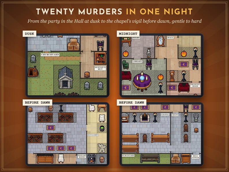 May include: A tabletop game map titled TWENTY MURDERS IN ONE NIGHT featuring four distinct floor plans labeled DUSK, MIDNIGHT, and BEFORE DAWN. The grid-based layouts display rooms like a churchyard, library, chapel, and scullery with icons.
