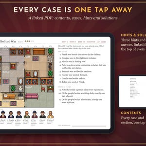 May include: A digital logic puzzle game displayed on a tablet screen, featuring a floor plan of a house with various rooms, furniture, and character icons. The interface includes a list of clues, a suspect lineup, and navigation links for hints, solutions, and a contents page.