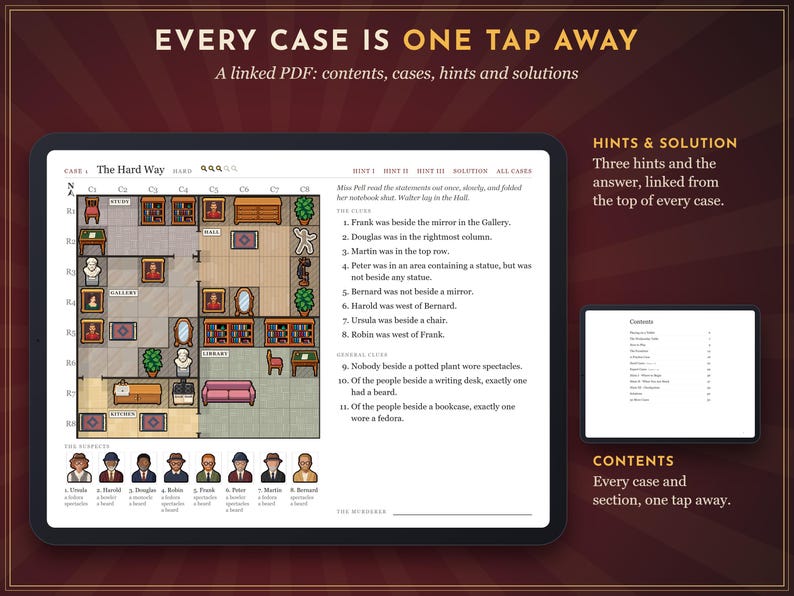 May include: A digital logic puzzle game displayed on a tablet screen, featuring a floor plan of a house with various rooms, furniture, and character icons. The interface includes a list of clues, a suspect lineup, and navigation links for hints, solutions, and a contents page.