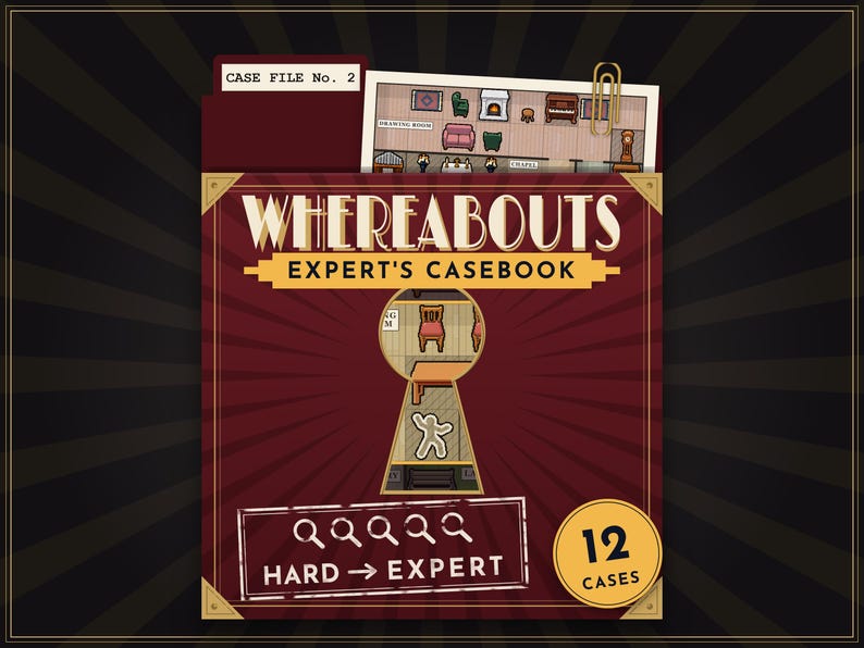 May include: A maroon game box titled Whereabouts Expert's Casebook with a keyhole cutout revealing a floor plan. The cover features a paper document labeled Case File No. 2, a magnifying glass icon row, and a yellow circle indicating 12 cases.