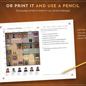 May include: A logic puzzle game sheet titled A Scarecrow Watching featuring a grid map of rooms, character icons, and clues. The page includes instructions to print on letter or A4 paper and use a pencil to solve the mystery.