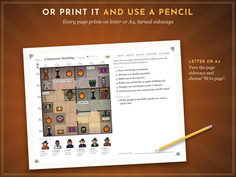 May include: A logic puzzle game sheet titled A Scarecrow Watching featuring a grid map of rooms, character icons, and clues. The page includes instructions to print on letter or A4 paper and use a pencil to solve the mystery.