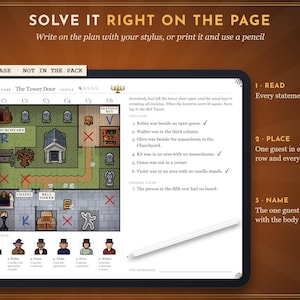 May include: A digital logic puzzle game interface titled The Tower Door, featuring a grid map of a churchyard, a list of clues, and six suspect icons. The text reads Solve It Right On The Page, Write on the plan with your stylus, or print it and use a pencil, 1 Read, 2 Place, 3 Name.