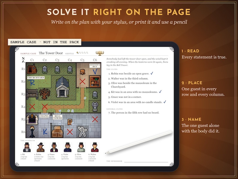 May include: A digital logic puzzle game interface titled The Tower Door, featuring a grid map of a churchyard, a list of clues, and six suspect icons. The text reads Solve It Right On The Page, Write on the plan with your stylus, or print it and use a pencil, 1 Read, 2 Place, 3 Name.