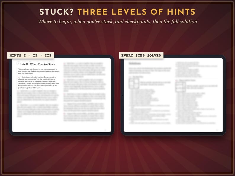 May include: A dark red graphic with gold text reading STUCK? THREE LEVELS OF HINTS, Where to begin, when you're stuck, and checkpoints, then the full solution. Two black tablets display blurred text with headers HINTS I II III and EVERY STEP SOLVED.