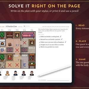 May include: A digital logic puzzle game displayed on a tablet screen, featuring a floor plan grid with furniture icons, suspect portraits, and written clues. The interface includes instructions to read, place, and name, with a white stylus resting below.