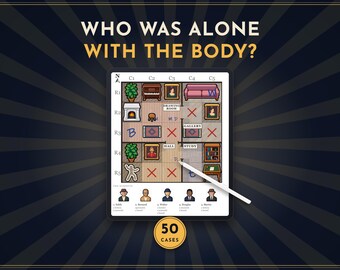 May include: A digital tablet displays a mystery game board with a grid layout of rooms, furniture, and red X marks. The text WHO WAS ALONE WITH THE BODY? appears at the top. A white stylus rests on the screen, and five suspect icons are at the bottom.